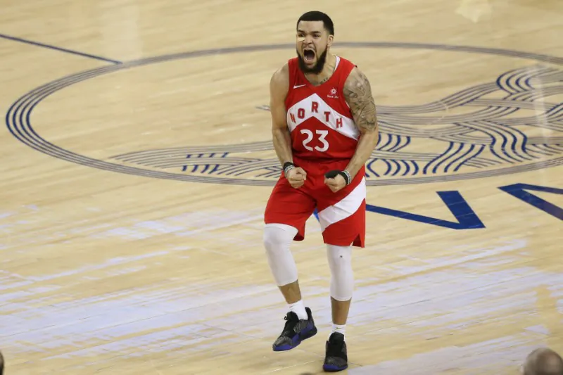 Toronto Raptors guard Fred VanVleet (23) reacts during the second half in game six of the 2019 NBA Finals against the Golden State Warriors at Oracle Arena. (Reuters/Cary Edmondson-USA TODAY Sports)