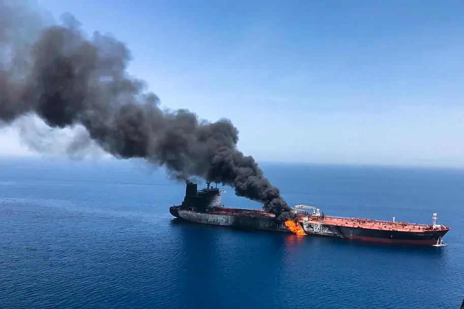 An oil tanker is seen after it was attacked at the Gulf of Oman, in waters between Gulf Arab states and Iran, June 13, 2019. (ISNA/Handout via REUTERS)