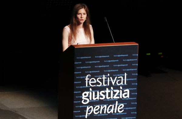 Amanda Knox speaks at a Criminal Justice Festival at the University of Modena, 