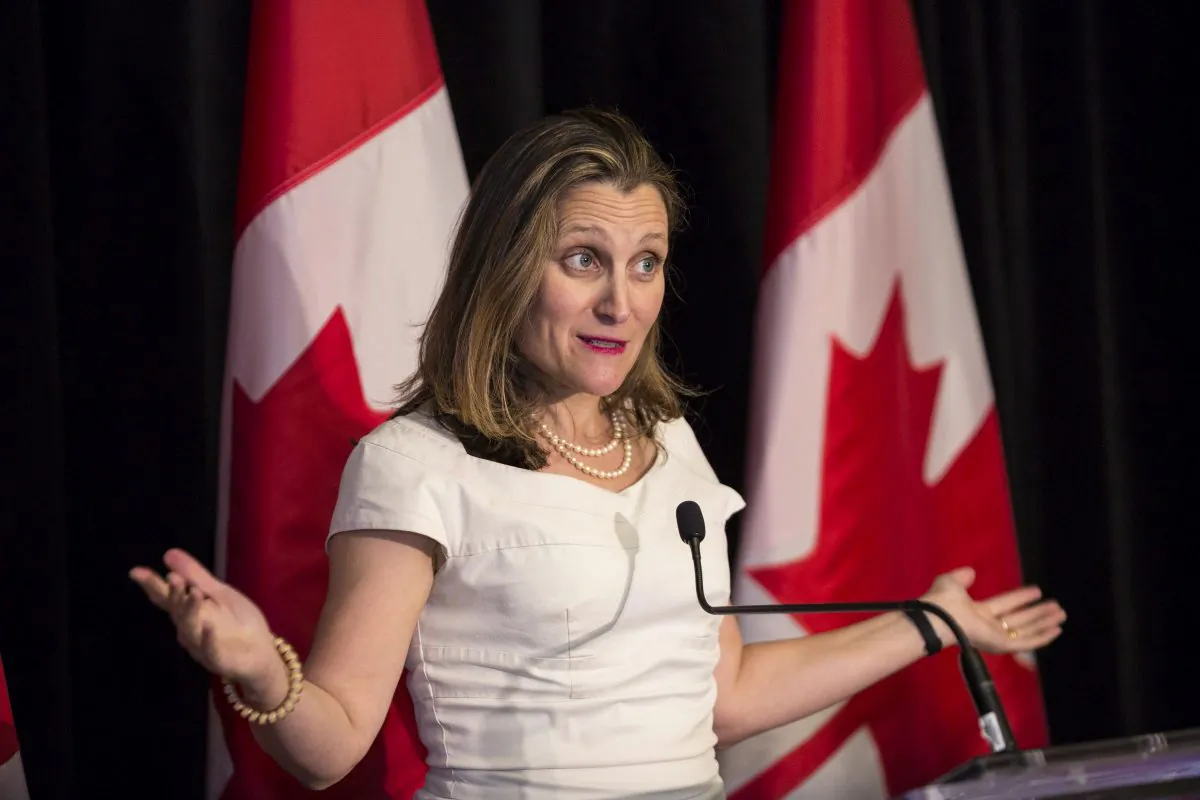 Foreign Affairs Minister Chrystia Freeland speaks to the media in Toronto on June 7, 2019. Freeland’s refusal last week to quash the extradition of Huawei’s Meng Wanzhou to the United States because it would set a dangerous precedent is a good start to Canada making a stronger stand and exerting Canadian values with Beijing on bilateral issues. (THE CANADIAN PRESS/Nick Kozak)