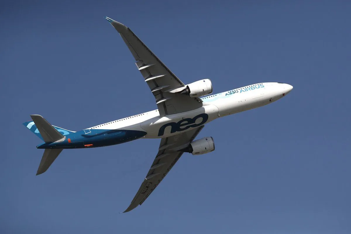 An Airbus A330neo aircraft performs during the 53rd International Paris Air Show at Le Bourget Airport near Paris, France, on June 17, 2019. (Benoit Tessier/Pool via AP)