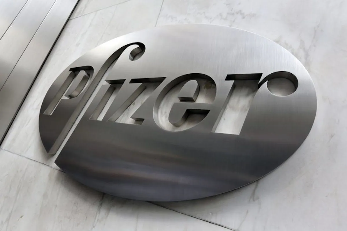 Pfizer company logo at the company's headquarters in New York. On Dec. 4, 2017.  (AP Photo/Richard Drewm Fuke)
