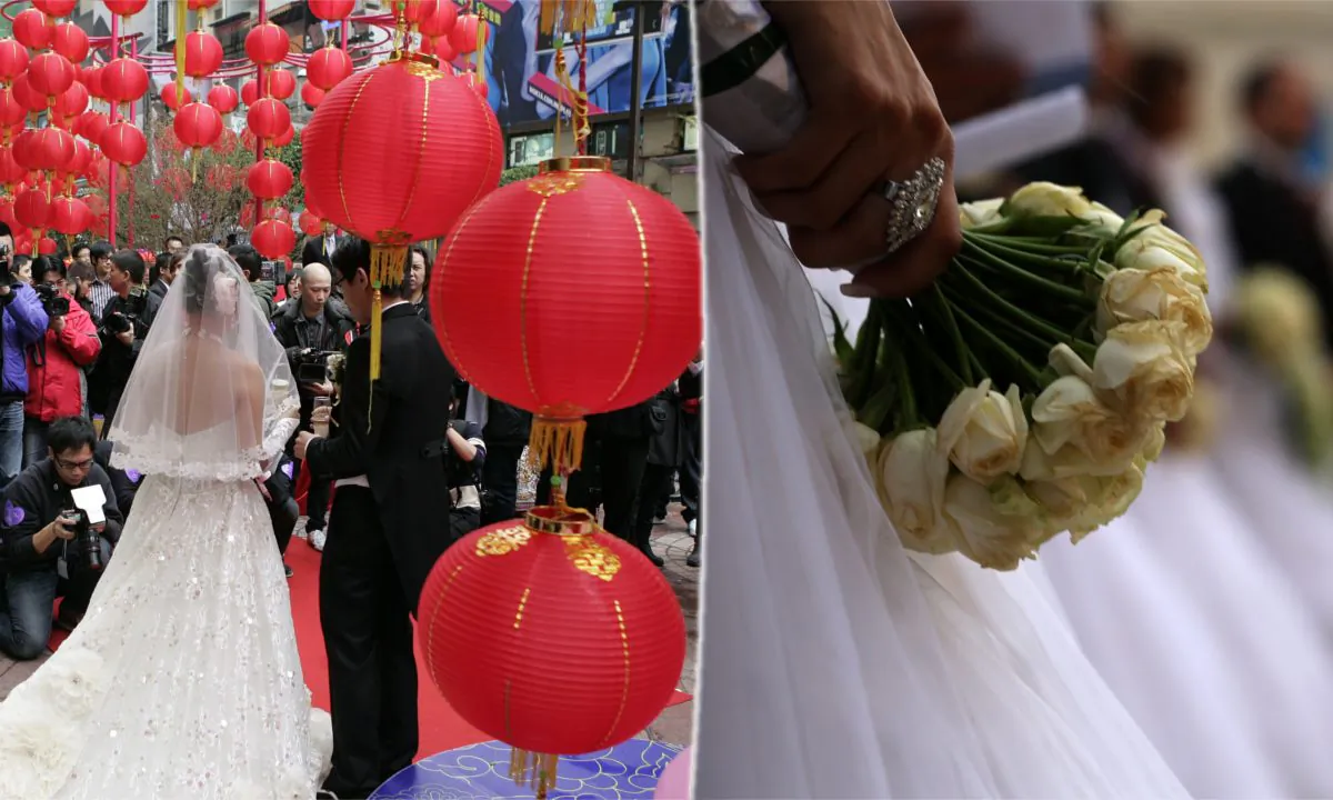 (L) A public wedding in Hong Kong. (Dale De La Rey/AFP/Getty Images) -- (R) A bride holding flowers. (Patrick Baz/AFP/Getty Images)