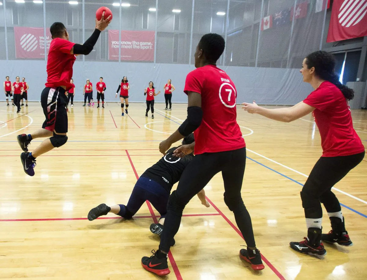Team Canada dodgeball players practise during a scrimmage in Markham, Ont., on Oct. 16, 2017. (The Canadian Press/Nathan Denette)