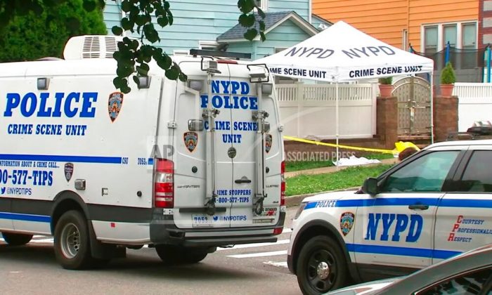 In this image taken from video provided by WABC-TV, New York City Police department vehicles are parked near a crime scene outside Crocheron Park in the Queens borough of New York, Tuesday, June 18, 2019. Police say what appeared to be a dead infant in a grassy area outside the park turned out to be a realistic-looking doll. (WABC-TV via AP)