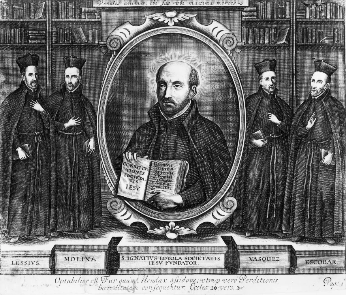 Circa 1550, St Ignatius De Loyola (1491 - 1556), the Spanish ecclesiastic who founded the Society of Jesus, otherwise known as the Jesuits, in 1534. Surrounding him are Lessius, Molina, Vasquez and Escobar. (Hulton Archive/Getty Images)