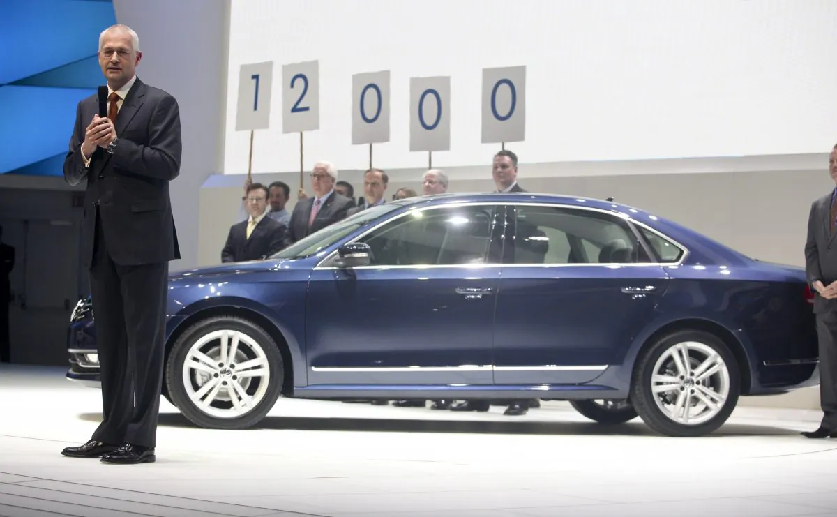 Jonathan Browning, then-CEO of Volkswagen Group of America, introduces the company's new Passat at the North American International Auto Show in Detroit, on Jan. 10, 2011. The Passat has been built in Chattanooga, Tenn., creating 12,000 jobs, according to Volkswagen.  GEOFF ROBINS/AFP/Getty Images