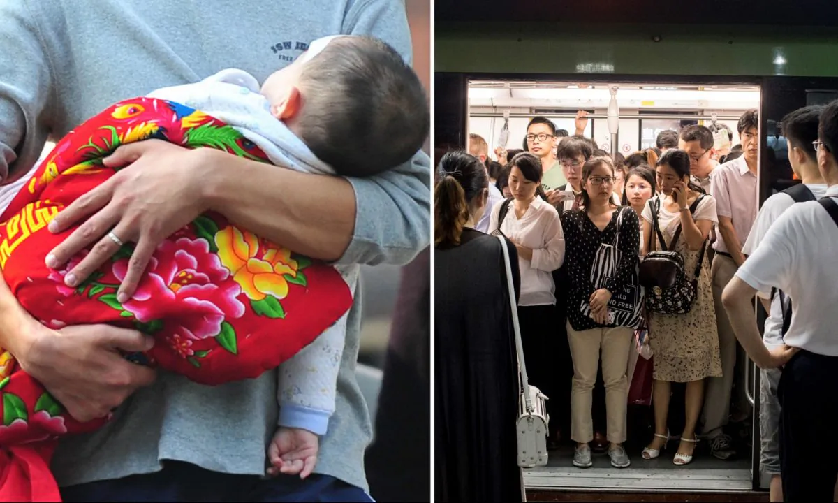 (L) Father carrying his child. (Frederic J. Brown/AFP/Getty Images) -- (R) Subway in China (Johannes Eisele/AFP/Getty Images)