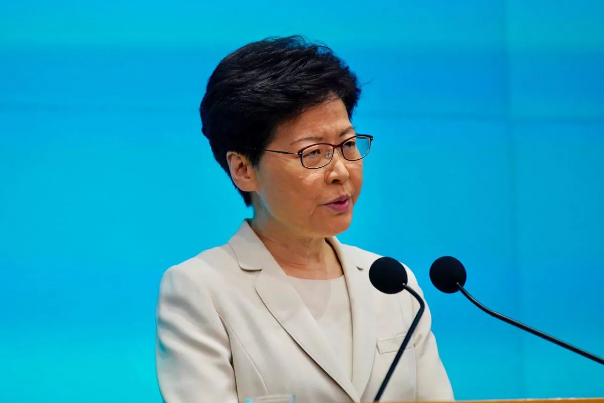 Hong Kong Chief Executive Carrie Lam speaks during a press conference at the government headquarters in Hong Kong on June 18, 2019. (Lin Yi/The Epoch Times)