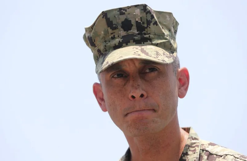 Cmdr. Sean Kido of the U.S. Navy's 5th Fleet speaks to journalists at a 5th Fleet Base, during a trip organized by the Navy for journalists, near Fujairah, United Arab Emirates on June 19, 2019. (Kamran Jebreili/Photo via AP)