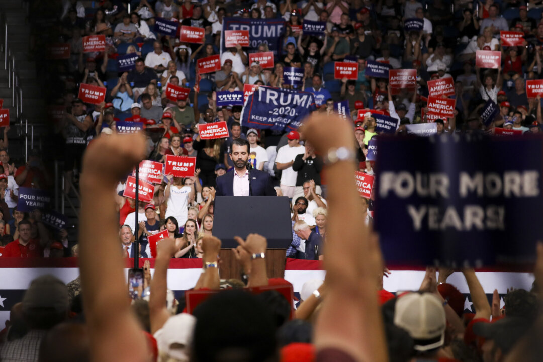 Donald Trump Jr speaks during President Donald Trump’s 2020 reelection event in Orlando, Fla., on June 18, 2019. (Charlotte Cuthbertson/The Epoch Times)