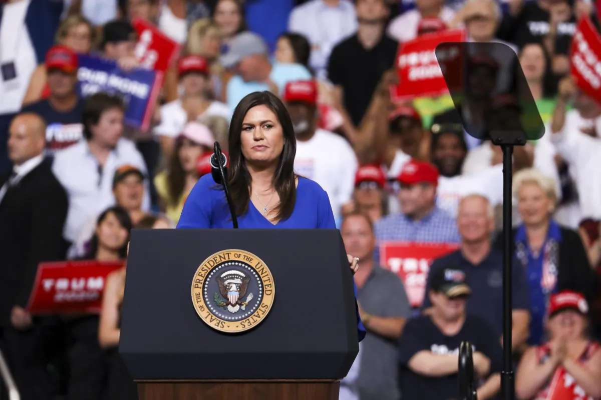 Outgoing White House Press Secretary Sarah Sanders speaks at President Donald Trump’s 2020 reelection event in Orlando, Fla., on June 18, 2019. (Charlotte Cuthbertson/The Epoch Times)