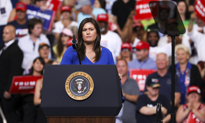 Outgoing White House Press Secretary Sarah Sanders speaks at President Donald Trump’s 2020 reelection event in Orlando, Fla., on June 18, 2019. (Charlotte Cuthbertson/The Epoch Times)