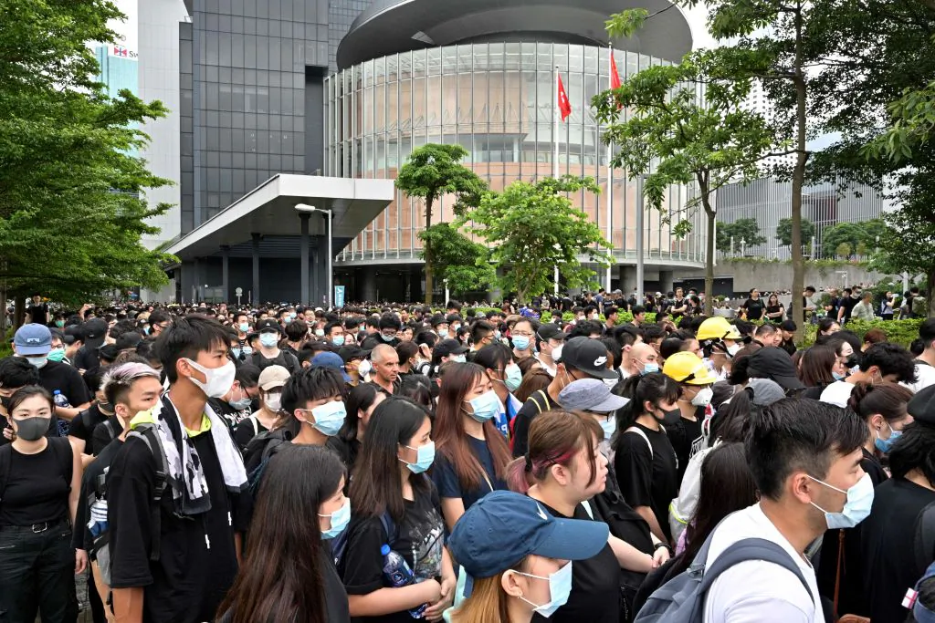 Protesters rally outside the Legislative Council against a controversial extradition bill in Hong Kong early on June 17, 2019. (Anthony Wallace/AFP/Getty Images)