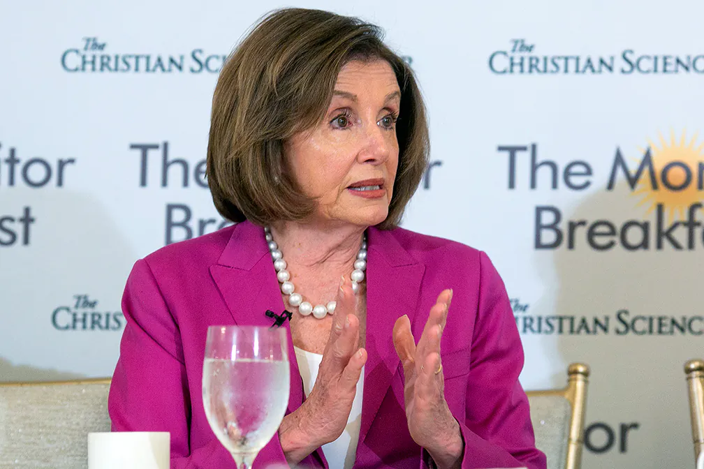 U.S. House Speaker Nancy Pelosi speaks at a breakfast roundtable hosted by The Christian Science Monitor at St. Regis Hotel in Washington, on June 19, 2019. (Michael Bonfigli/The Christian Science Monitor.)