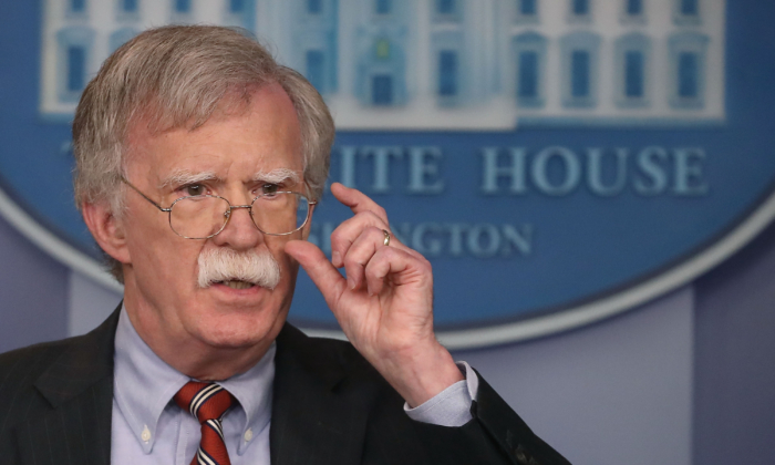 Then-national security adviser John Bolton in a press conference at the White House in Washington on Aug. 2, 2018. (Mark Wilson/Getty Images)