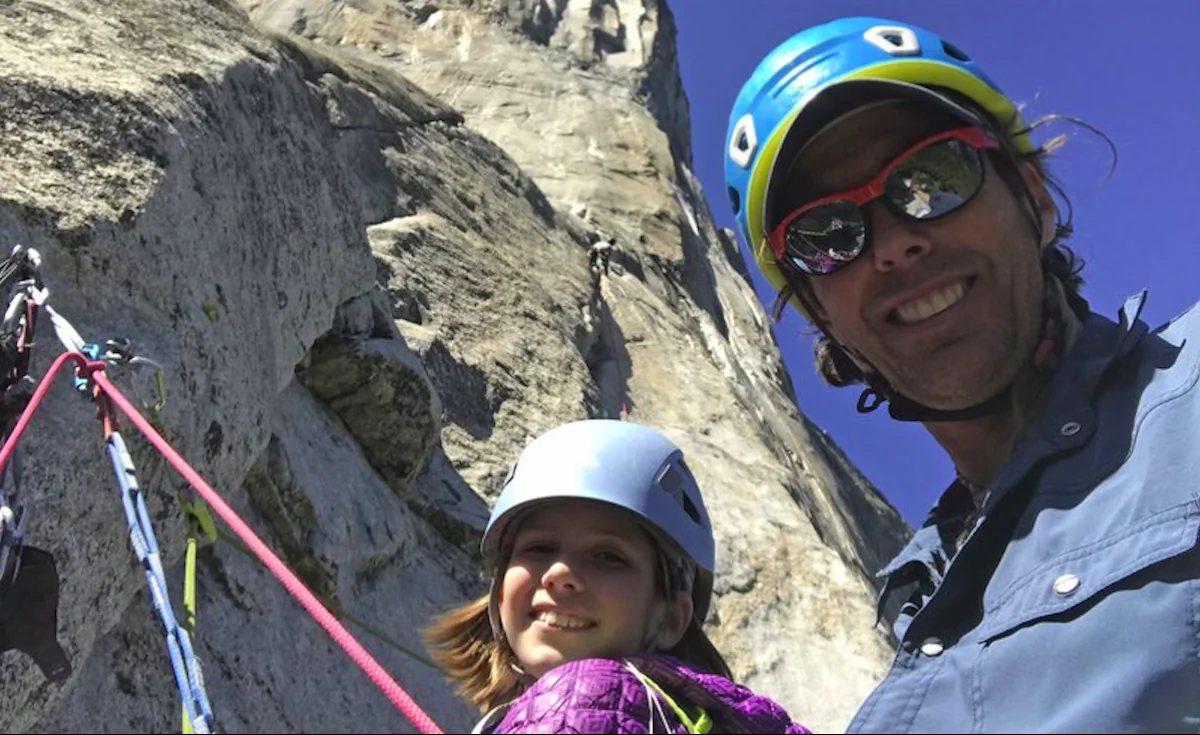 Michael Schneiter posing with his daughter, Selah Schneiter, at the beginning of her climb up El Capitan in Yosemite National Park, Calif., on June 8, 2019. (Michael Schneiter via AP)
