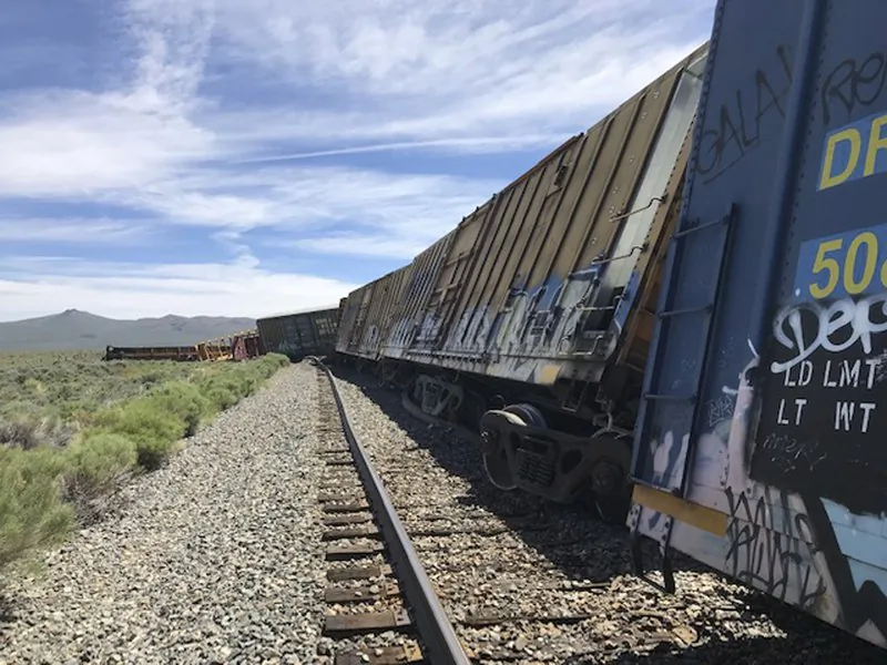 This photo provided by the Nevada Department of Public Safety shows a derailed train near Wells, Nev., on June 19, 2019. (Nevada Department of Public Safety via AP)