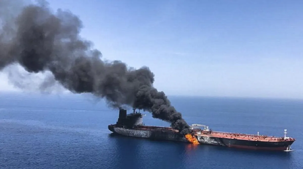 An oil tanker is on fire in the sea of Oman, on June 13, 2019. (ISNA, File/AP Photo)