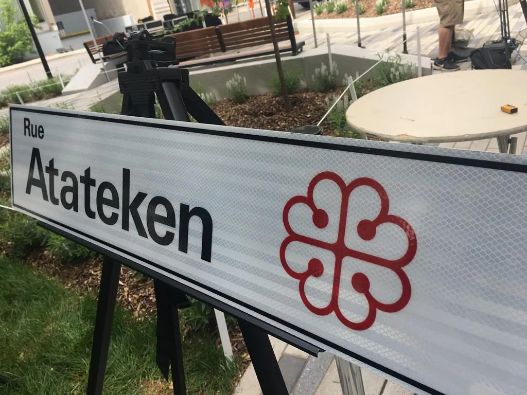 A Montreal street named after the British general Jeffery Amherst is being renamed Atateken Street in honour of the local Indigenous population. A new street sign showing the renamed Rue Atateken is seen during a press conference in Montreal on June 21, 2019. (Sidhartha Banerjee/The Canadian Press)