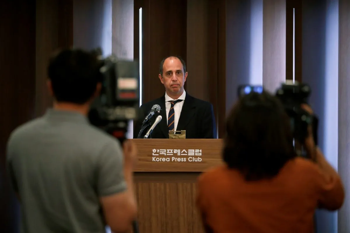 Special Rapporteur on the situation of human rights in North Korea Tomas Ojea Quintana speaks during a news conference in Seoul, South Korea on June 21, 2019.  (Kim Hong-Ji/Reuters)