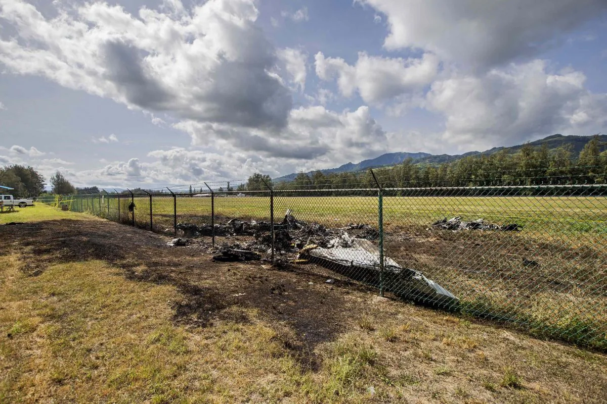 Site where the King Air twin-engine plane crashed at the fence line at Dillingham Airfield in Mokuleia, Hawaii, killing 11 people. (Dennis Oda/Honolulu Star-Advertiser via AP)