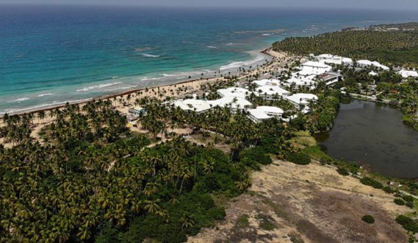An aerial view from a drone shows the grounds of the Excellence resort in Punta Cana