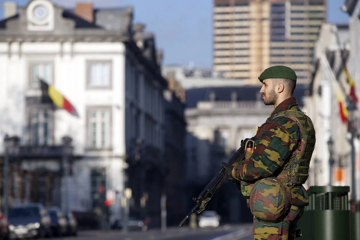 A Belgian soldier stands guard outside the US Embassy in Brussels in a file photo. (Nicolas Maeterlinck/AFP/Getty Images)