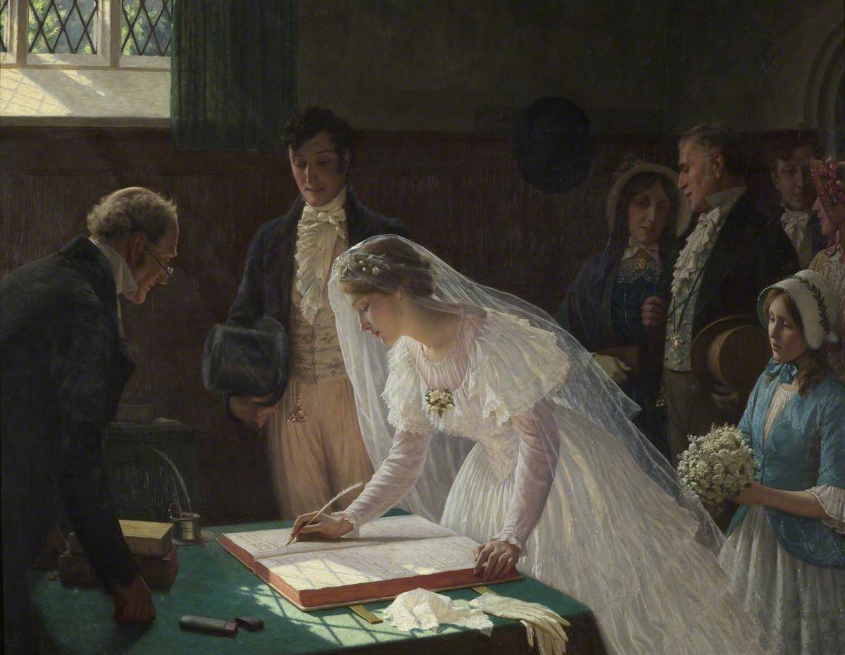 “The Wedding Register,“ 1920, Edmund Blair Leighton. A gift from Lady Lennard, 1948, Bristol City Museum and Art Gallery.  (Public Domain)