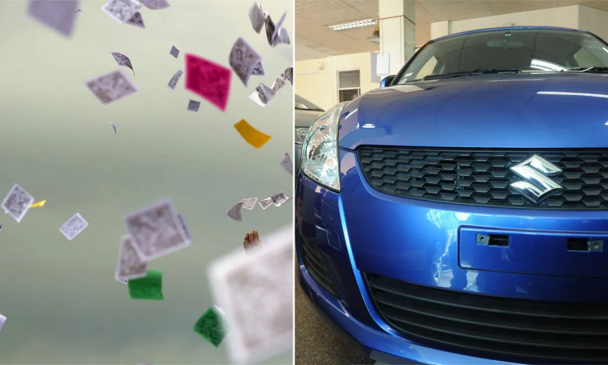 (L) A man throwing paper in China. (STR/AFP/Getty Images) -- (R) A blue Suzuki car. (Soe Than Win/AFP/Getty Images)