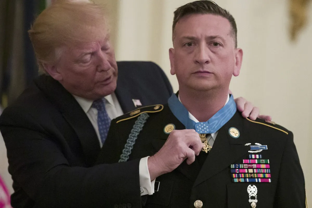 President Donald Trump awards the Medal of Honor to Army Staff Sgt. David Bellavia in the East Room of the White House on June 25. (Alex Brandon/AP Photo)