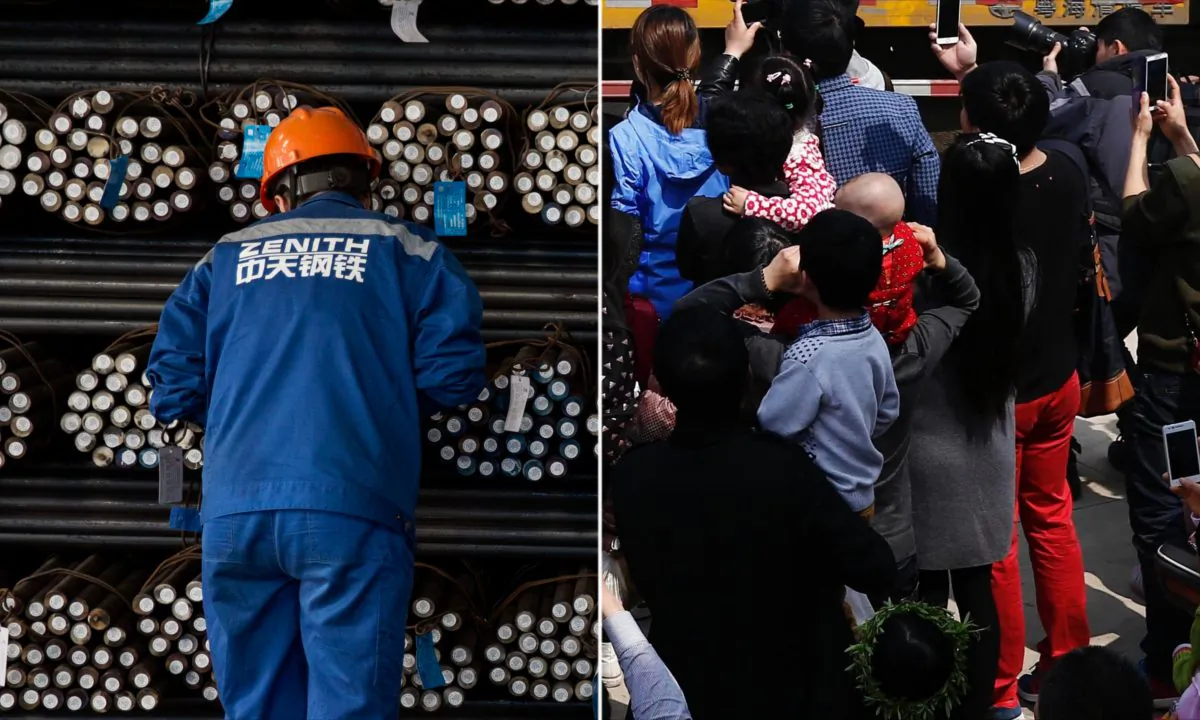 (L) Steel workers in China. (Kevin Frayer/Getty Images) -- (R) Crowd of onlookers in China. (STR/AFP/Getty Images)