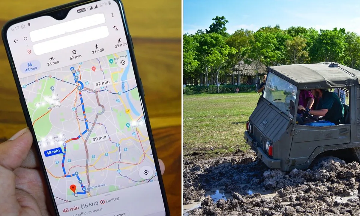 Stock images of a google map app (deepanker70/Pixabay) and a vehicle stuck in muddy field. (RonaldPlett/Pixabay)