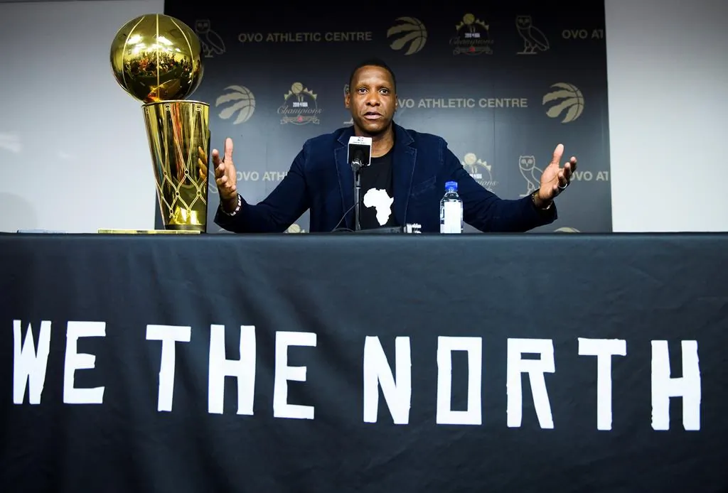 Toronto Raptors president Masai Ujiri speaks to the media during a year end press conference in Toronto on June 25, 2019. (Nathan Denette/The Canadian Press)
