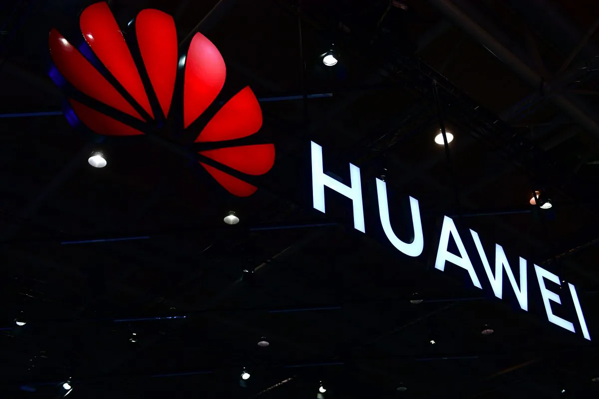 The Huawei logo is displayed at the 2018 CeBIT technology trade fair in Hanover, Germany, on June 12, 2018. (Alexander Koerner/Getty Images)