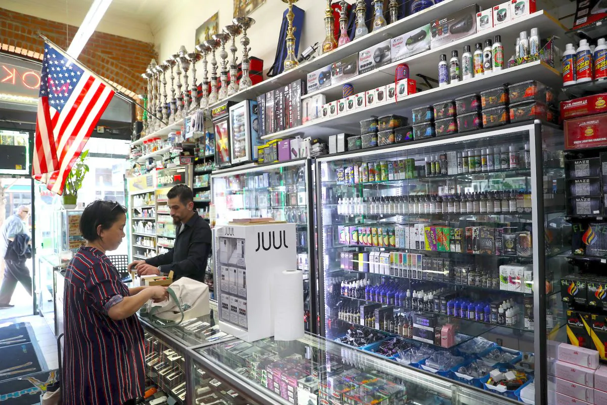 E-Cigarette vaporizer components and products are displayed at Smoke and Gift Shop on June 25, 2019 in San Francisco, California. (Justin Sullivan/Getty Images)