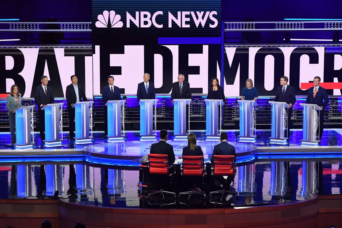 Democratic presidential hopefuls (from L) author and writer Marianne Williamson, former Governor of Colorado John Hickenlooper, attorney and entrepreneur Andrew Yang, Mayor of South Bend, Indiana Pete Buttigieg, former Vice President Joe Biden, Sen. Bernie Sanders, Sen. Kamala Harris, Sen. Kirsten Gillibrand, Sen. Michael Bennet, Rep. Eric Swalwell, participate in the second Democratic primary debate of the 2020 presidential campaign season hosted by NBC News at the Adrienne Arsht Center for the Performing Arts on June 27, 2019, in Miami, Florida. (Saul Loeb/AFP/Getty Images)