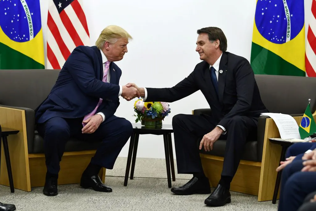 Brazil's President Jair Bolsonaro (R) meets with US President Donald Trump during a bilateral meeting on the sidelines of the G20 Summit in Osaka on June 28, 2019. (BRENDAN SMIALOWSKI/AFP/Getty Images)