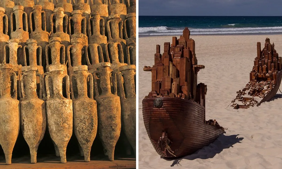 Stock image of Roman amphorae. (Stux/Pixabay) and stock image of a shipwreck sculpture (Sandid/Pixabay).