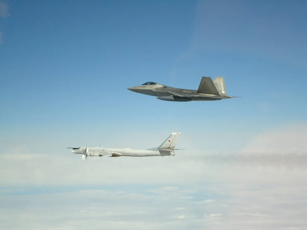 U.S. F-22 stealth jets intercepted four Russian bombers and two Russian Su-35 fighter jets off the coast of Alaska, according to a statement from North American Aerospace Defense Command, on May 20, 2019. (NORAD Command)