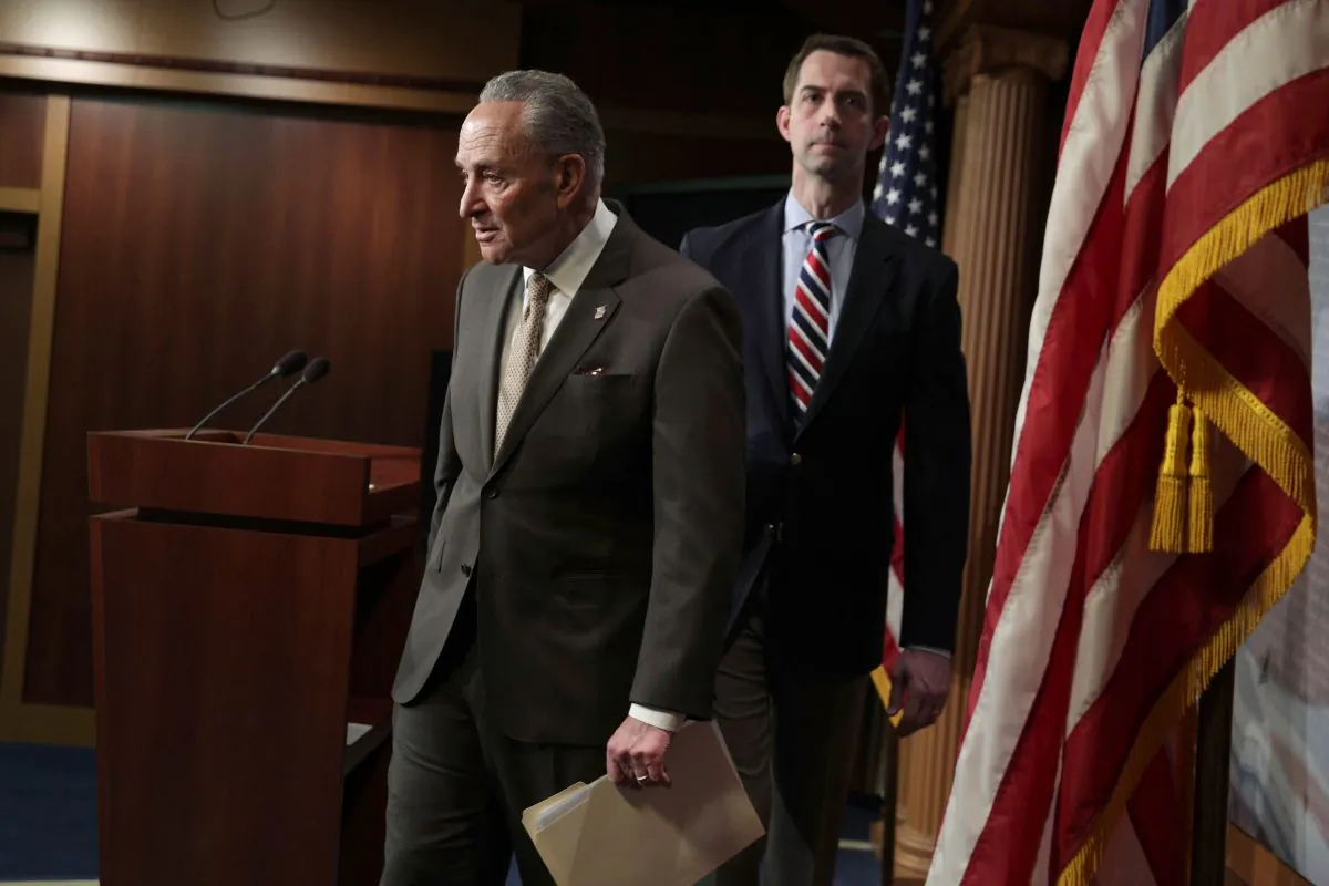 Sen. Tom Cotton (R-Ariz.) (R), and Senate Minority Leader Sen. Chuck Schumer (D-N.Y.) (L) after a news conference unveiling bipartisan legislation aimed at regulating the trafficking of fentanyl into the United States at the U.S. Capitol in Washington on April 4, 2019. (Alex Wong/Getty Images)