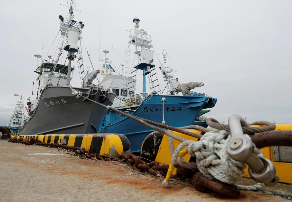 Whaling ships which are set to join the resumption of commercial whaling at anchor at a port in Kushiro, Hokkaido Prefecture, Japan on June 30, 2019. (Kim Kyung-Hoon/Reuters)