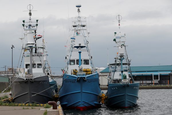 Whaling ships which are set to join the resumption of commercial whaling at anchor at a port in Kushiro