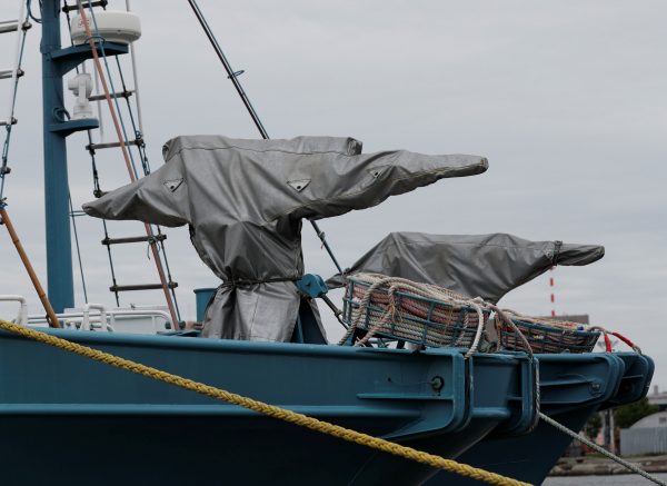 Whaling guns in covers are seen on whaling ships which are set to join the resumption of commercial whaling at anchor at a port in Kushiro