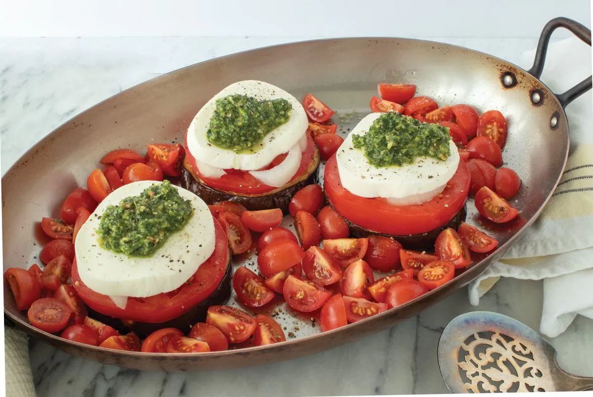 A dollop of pesto adds the finishing touch to these summery stacks. (Leslie Lennox)