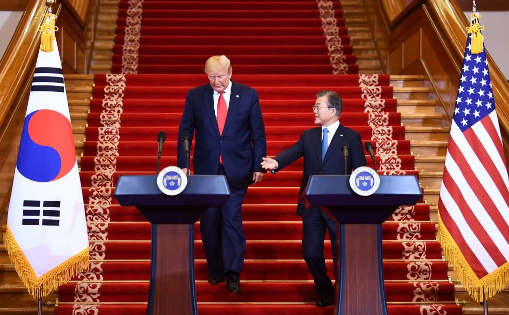 President Donald Trump (L) attends a joint press conference with South Korean President Moon Jae-in at the presidential Blue House in Seoul to confirm meeting with North Korean leader Kim Jong Un at the DMZ on June 30, 2019. (BRENDAN SMIALOWSKI/AFP/Getty Images)