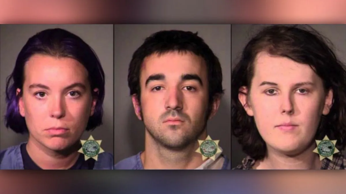 From left, police booking photos of Maria Dehart, Gage Halupowski and James Stocks. Halupowski was sentenced to nearly six years in prison on Nov. 1, 2019, after pleading guilty to assault. Stocks was recently sentenced to probation after pleading no contest to harassment. Dehart pleaded not guilty to harassment and disturbing the peace. The trio was arrested after Antifa and right-wing groups clashed on June 29, 2019, in Portland, Oregon. (Portland Police Bureau)