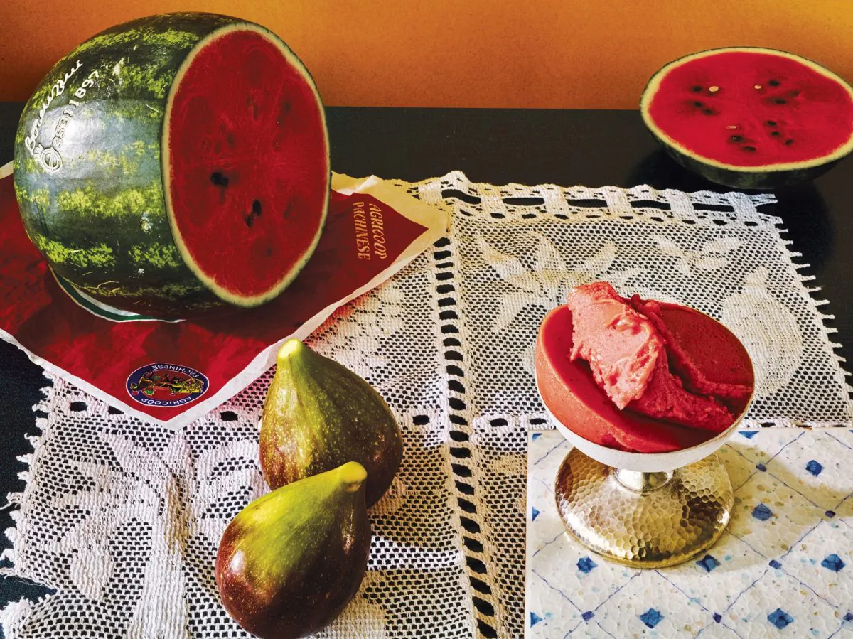 Wild fig and watermelon sorbet, from "La Grotta." (Grant Cornett)