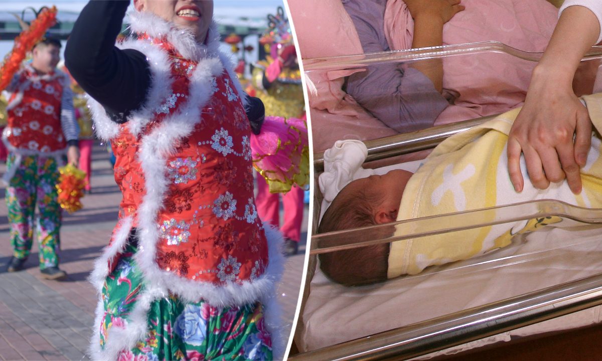 (L) People dancing in Heilongjiang Province, China. (Wang Zhao/AFP/Getty Images) -- (R) A newborn baby in China (Mark Ralston/AFP/Getty Images)