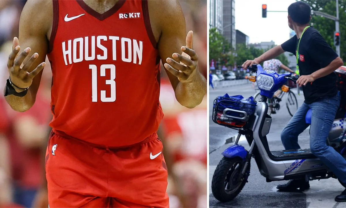 (R) James Harden on court. (Bob Levey/Getty Images) -- (R) A man on a moped in China. (Wang Zhao/AFP/Getty Images)
